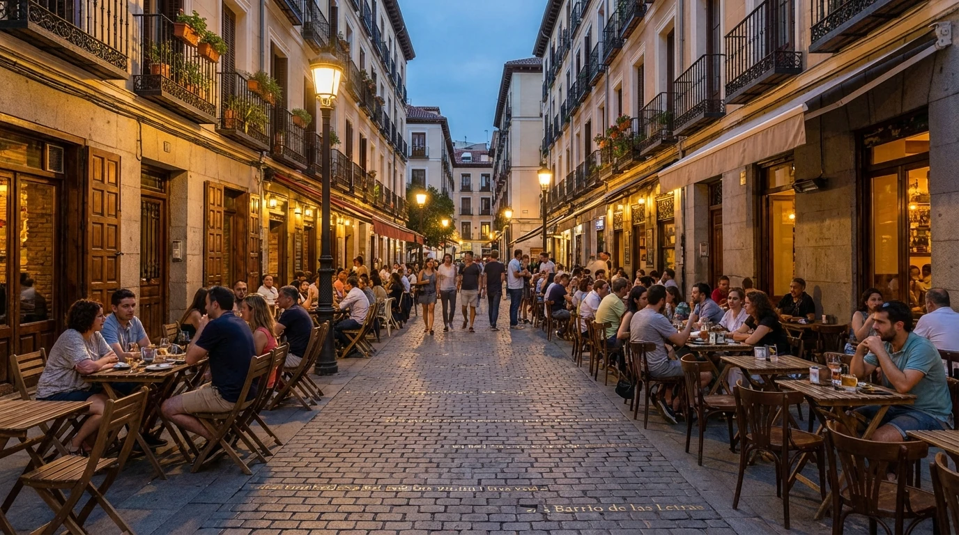 Calle del Barrio de las Letras en Madrid con terrazas llenas y ambiente nocturno bohemio.