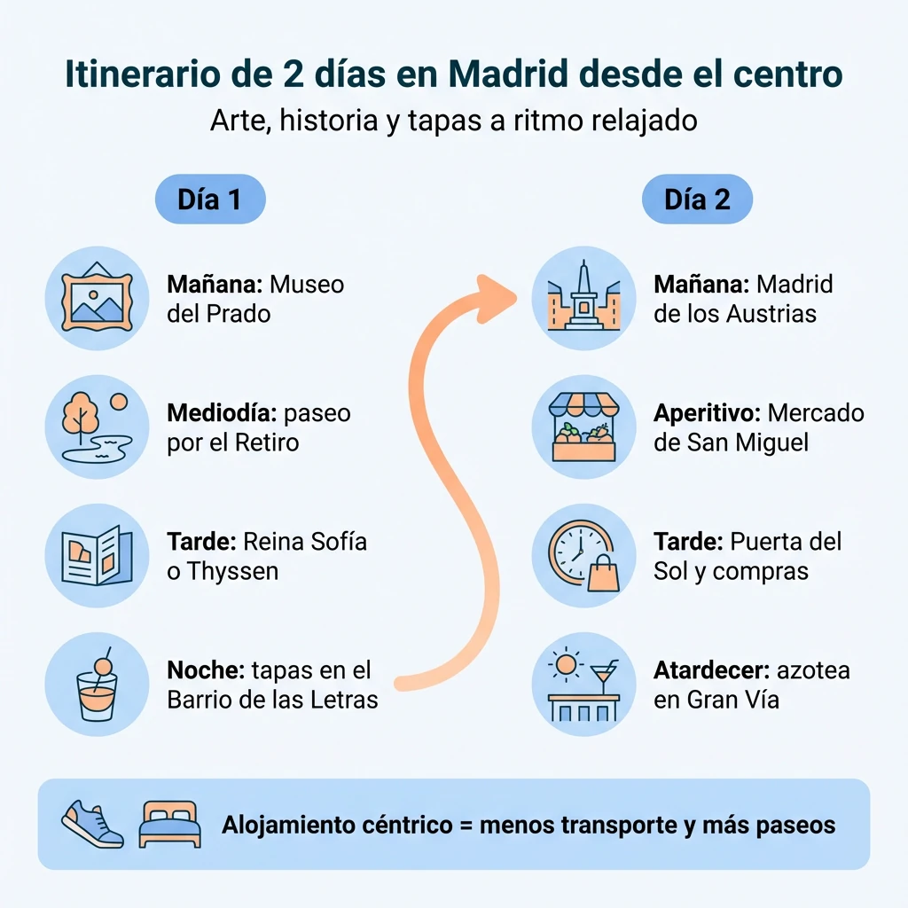 Diagrama con un itinerario de dos días por Madrid partiendo de un alojamiento en el centro.