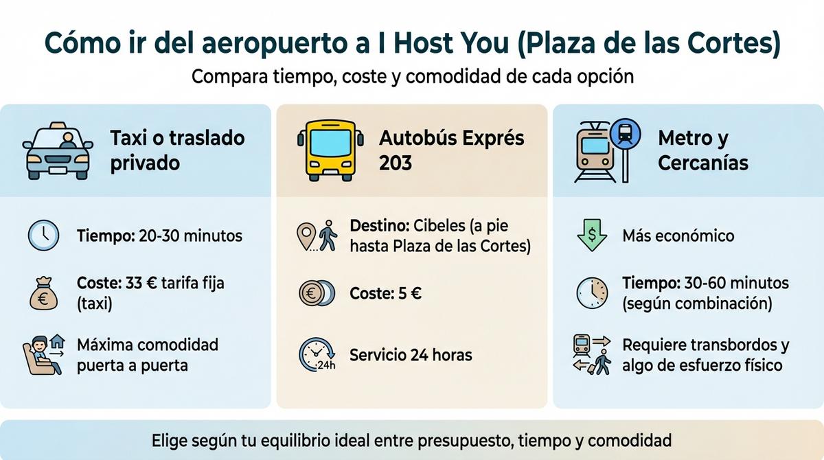 Diagrama de la ruta típica en Metro desde el aeropuerto de Madrid hasta las estaciones cercanas a Plaza de las Cortes.