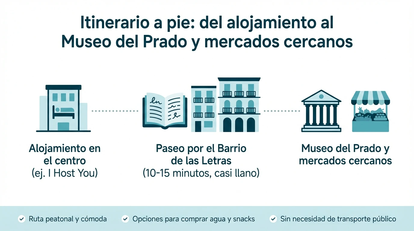 Diagrama de ruta a pie desde un alojamiento en el centro de Madrid hasta el Museo del Prado y sus mercados cercanos.