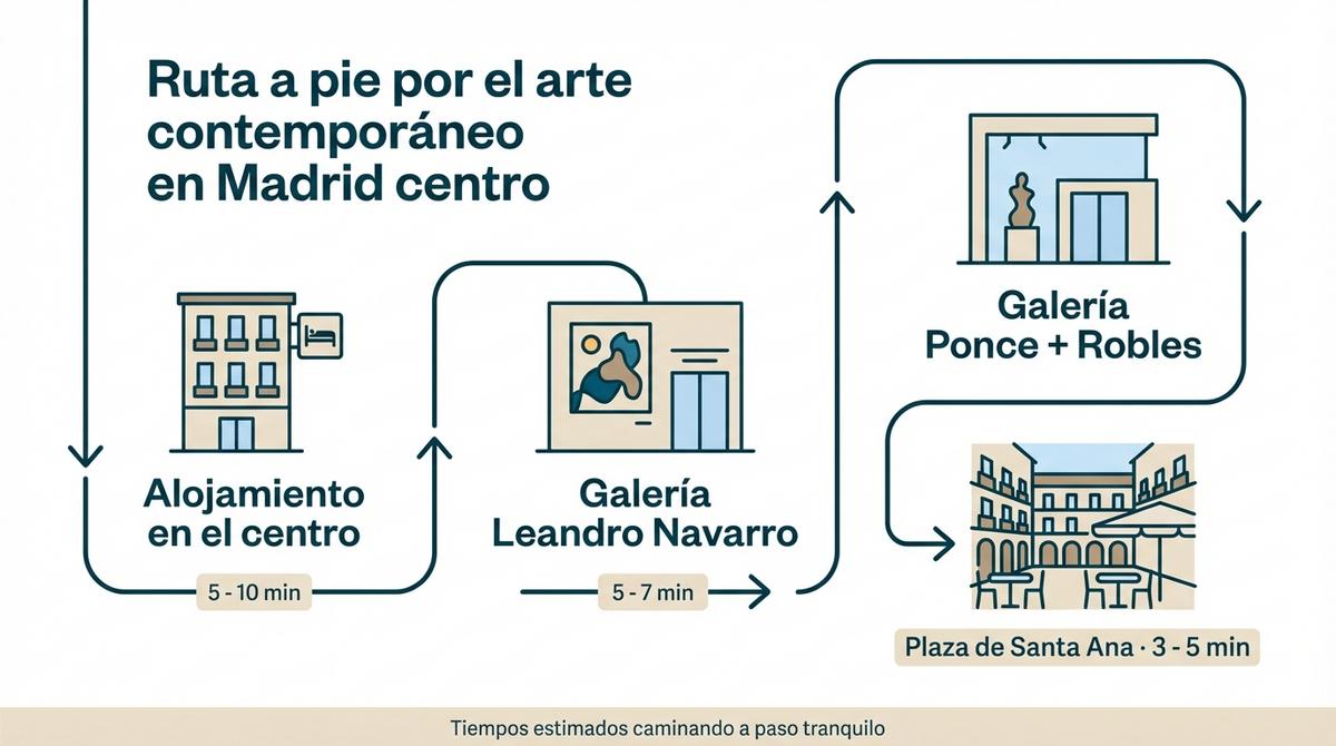 Diagrama de ruta a pie que conecta un alojamiento en el centro de Madrid con las galerías Leandro Navarro y Ponce + Robles y la Plaza de Santa Ana.
