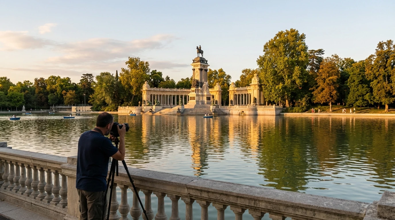 Fotógrafo tomando imágenes del Estanque Grande y el Monumento a Alfonso XII en el Retiro al atardecer.