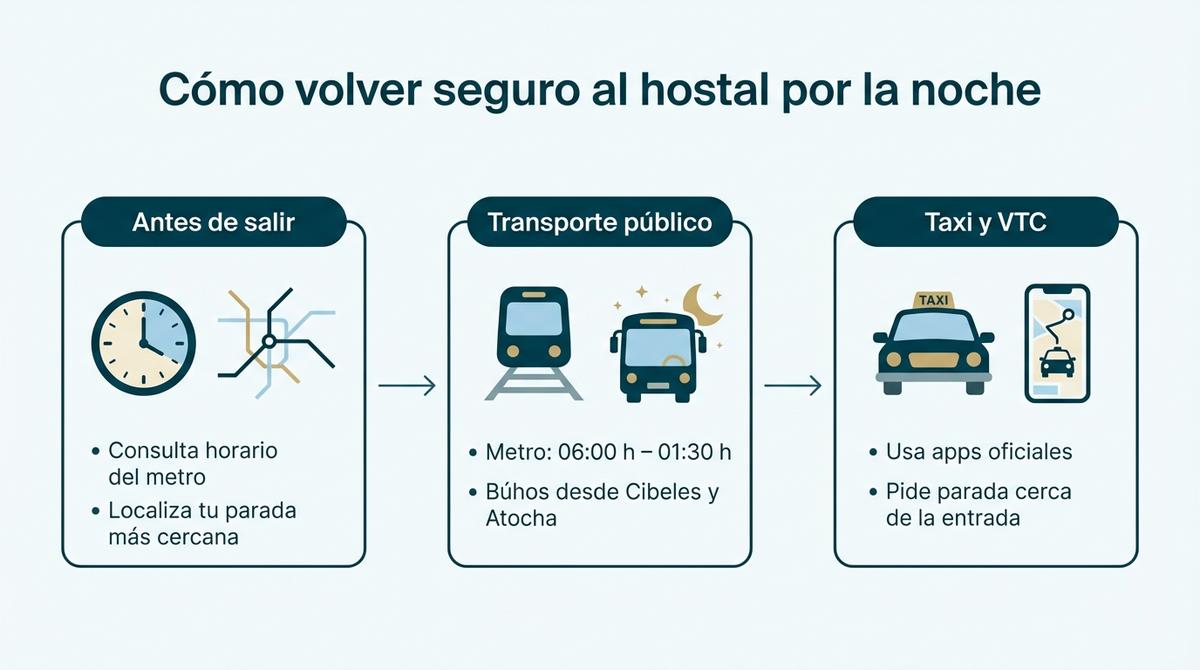 Diagrama que muestra los pasos para planificar el regreso nocturno al hostal en Madrid usando transporte público y taxi.