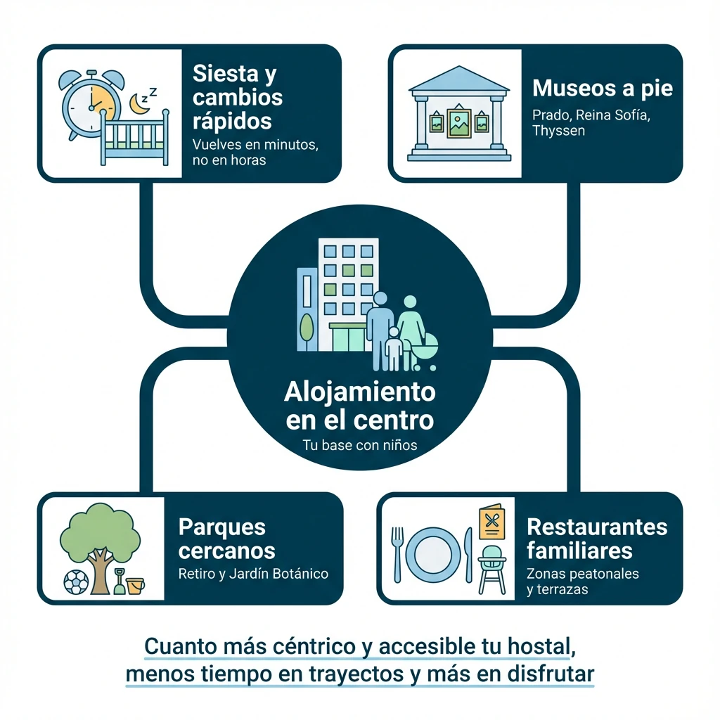 Diagrama tipo mapa mental que muestra las ventajas de alojarse en el centro de Madrid con niños.