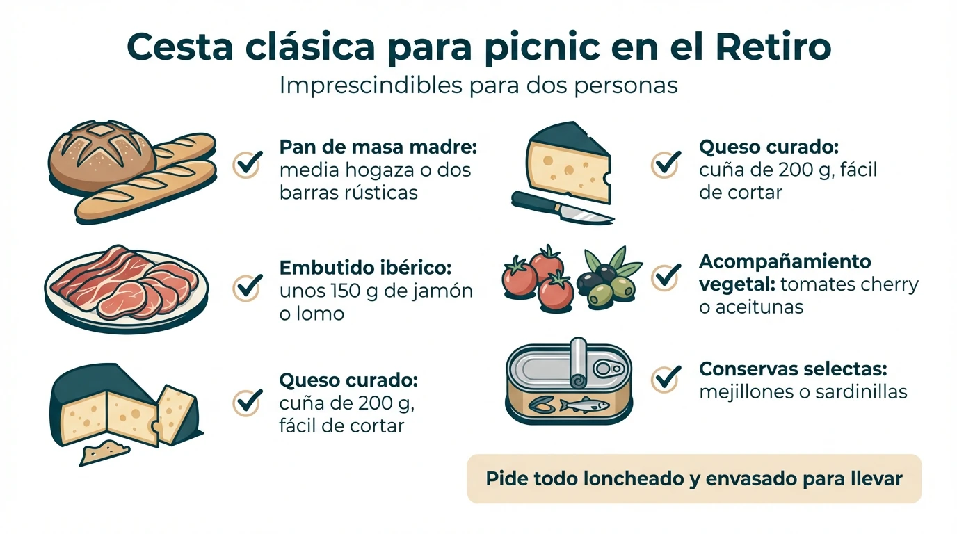 Checklist visual con los alimentos básicos para una cesta clásica de picnic en el Retiro.