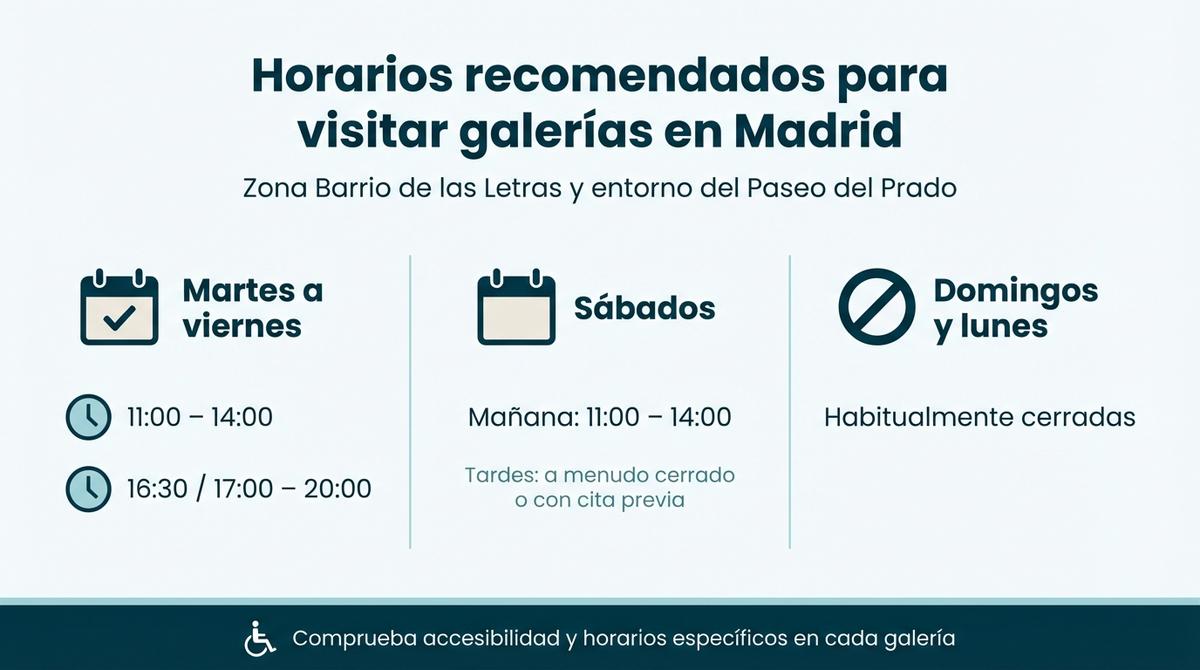 Infografía comparativa con los horarios habituales de apertura de galerías de arte en Madrid por días de la semana.