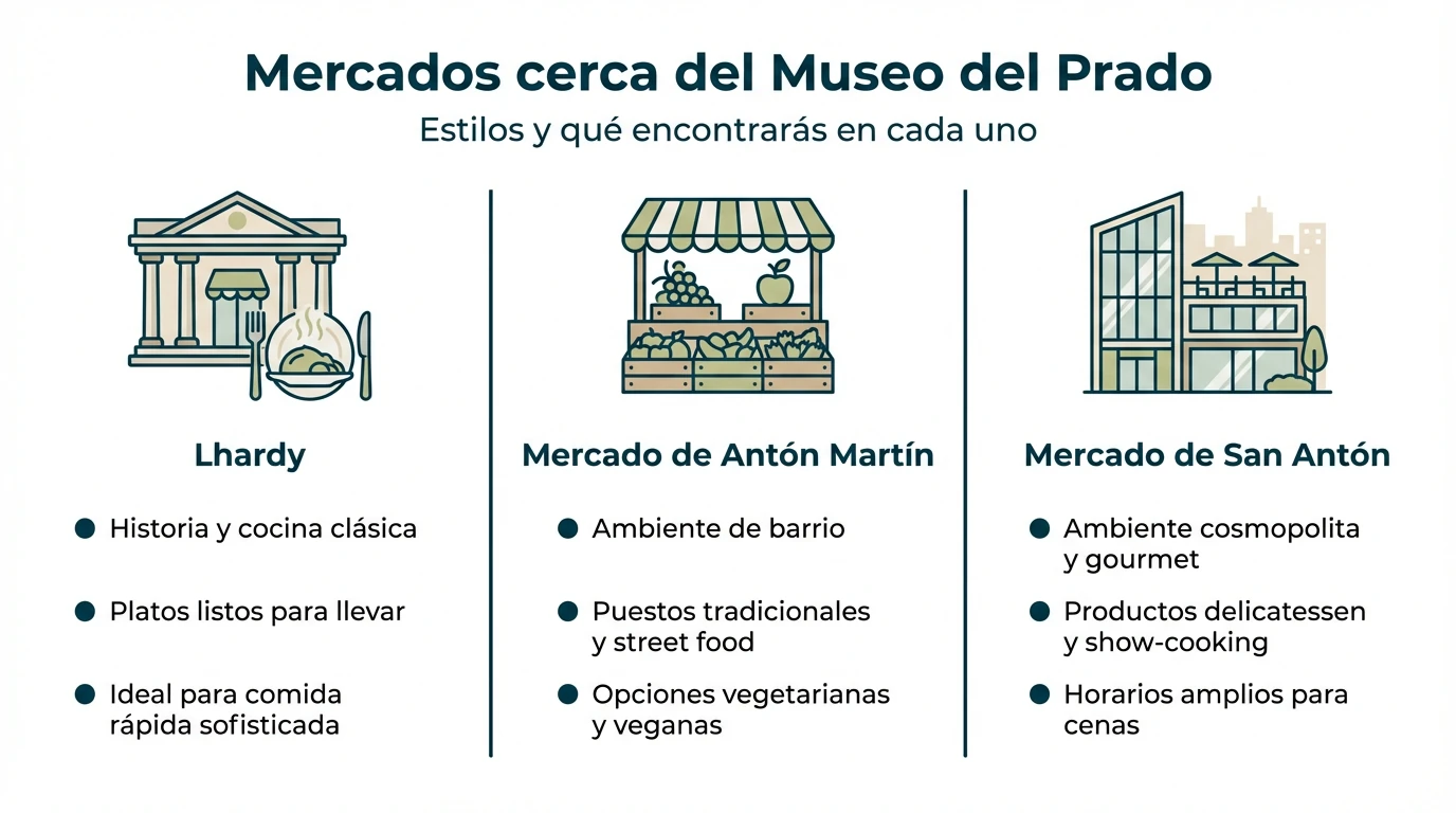 Infografía comparativa de los mercados Lhardy, Antón Martín y San Antón cerca del Museo del Prado.