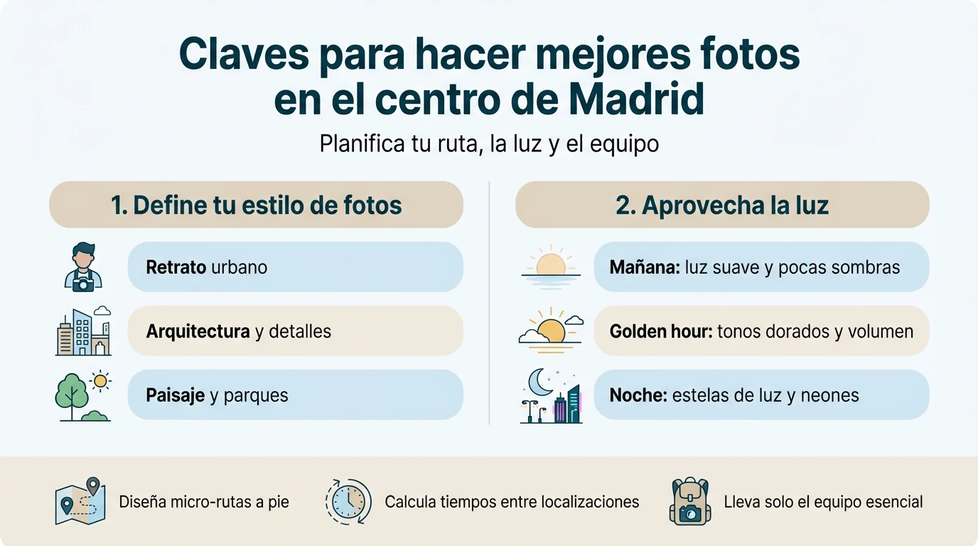 Infografía con claves para planificar luz, estilo y equipo al hacer fotos en el centro de Madrid.