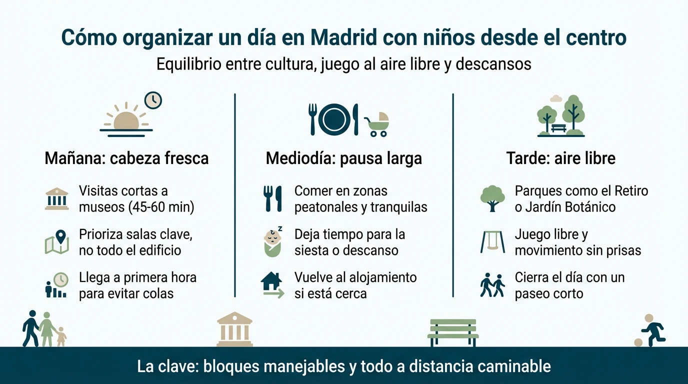 Infografía con la organización recomendada de un día en Madrid con niños desde el centro en mañana, mediodía y tarde.