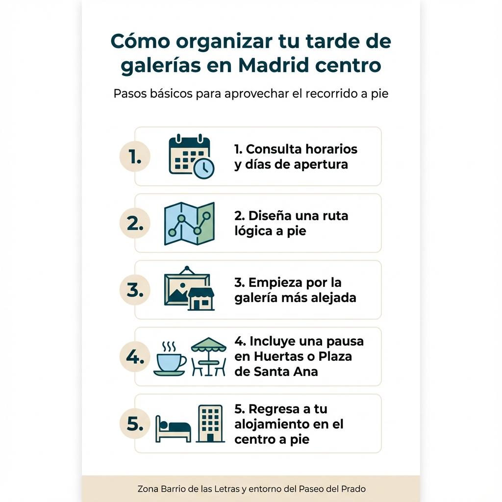 Infografía con pasos en formato lista para organizar una tarde de visitas a galerías de arte en el centro de Madrid.
