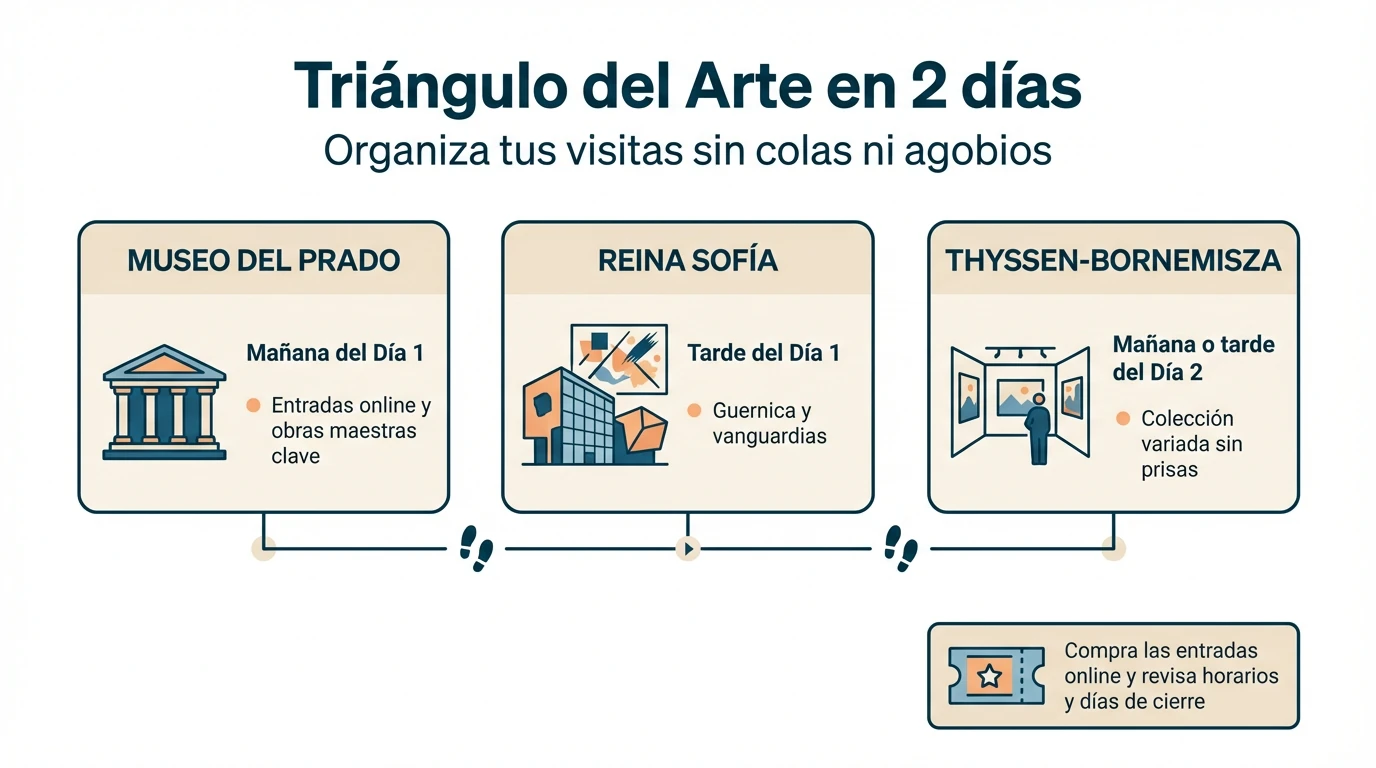 Infografía con un esquema de visitas a los museos del Triángulo del Arte de Madrid en dos días.