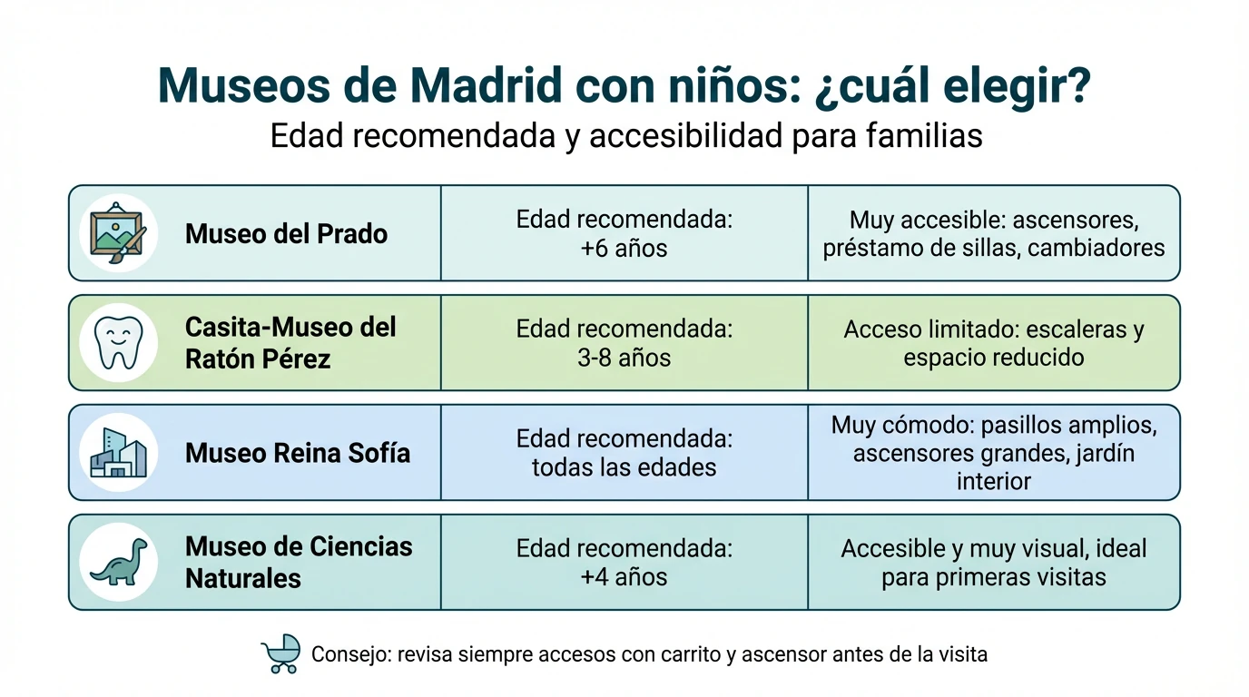 Infografía que compara varios museos de Madrid para visitar con niños según edad recomendada y accesibilidad.