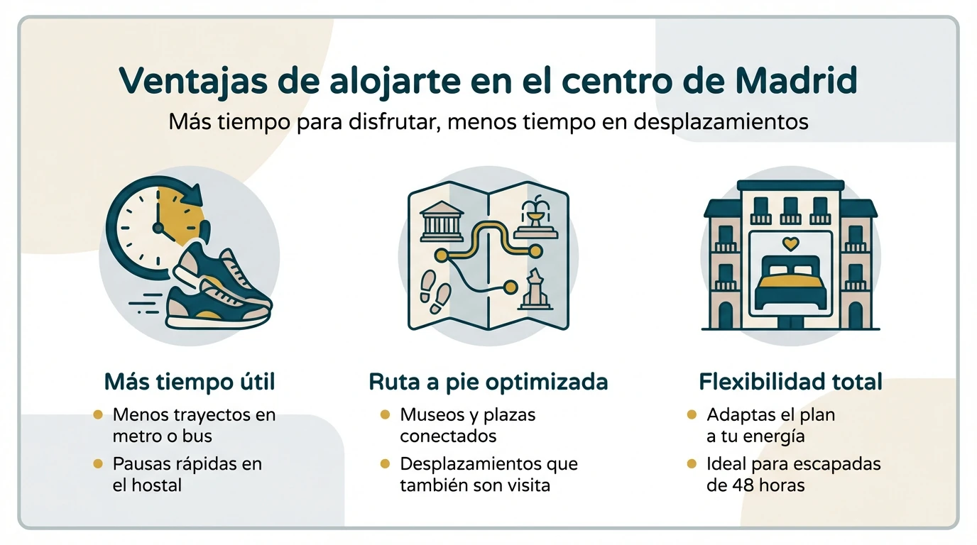 Infografía que resume las ventajas de alojarse en el centro de Madrid y caminar a los principales puntos de interés.