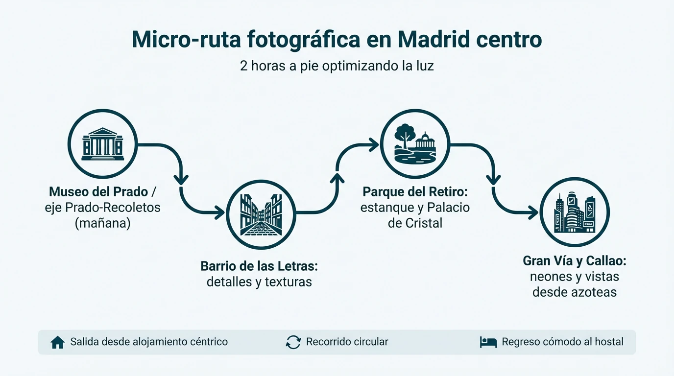 Diagrama esquemático de una micro-ruta fotográfica a pie por el centro de Madrid con cuatro paradas clave.