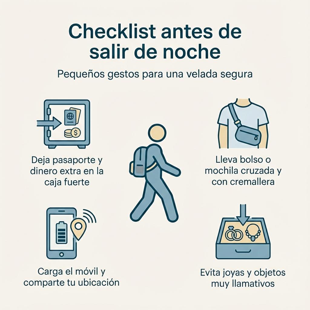 Infografía tipo checklist con consejos de autoprotección antes de salir de noche en Madrid.