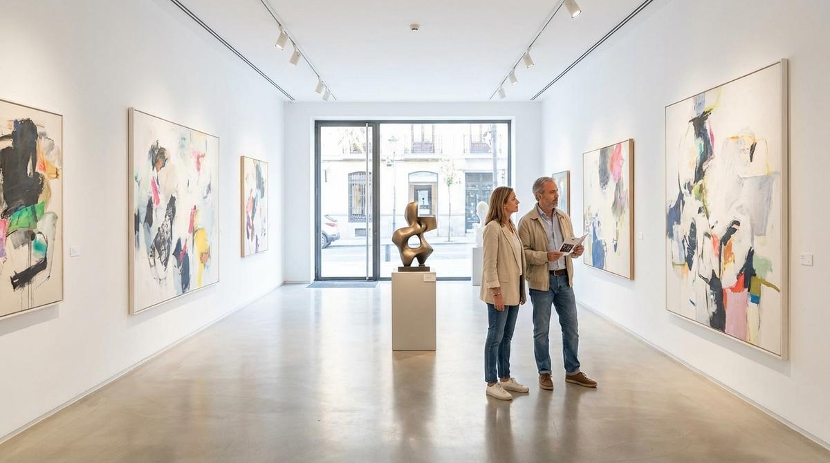 Interior de una galería de arte contemporáneo luminosa con visitantes observando cuadros y esculturas.