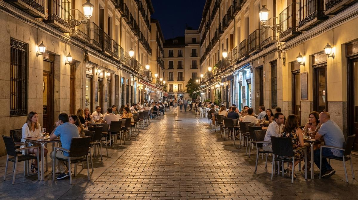 Terrazas nocturnas tranquilas en una calle iluminada del Barrio de las Letras en Madrid.