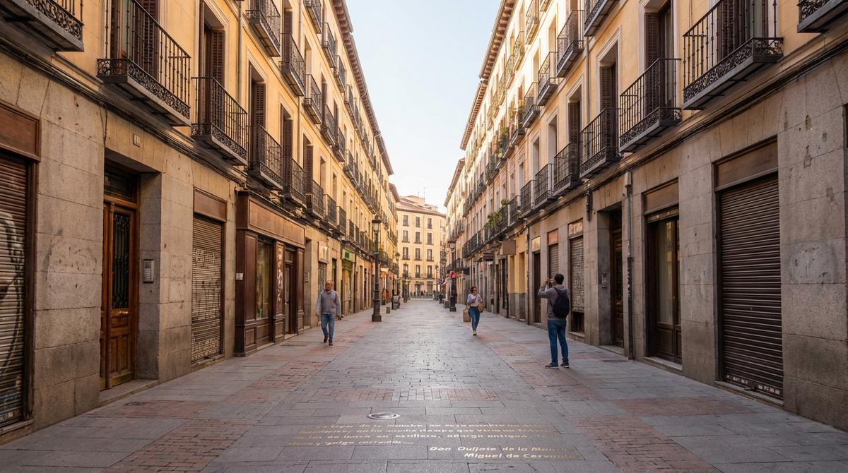 Calle tranquila del Barrio de las Letras de Madrid por la mañana con textos literarios en el pavimento.