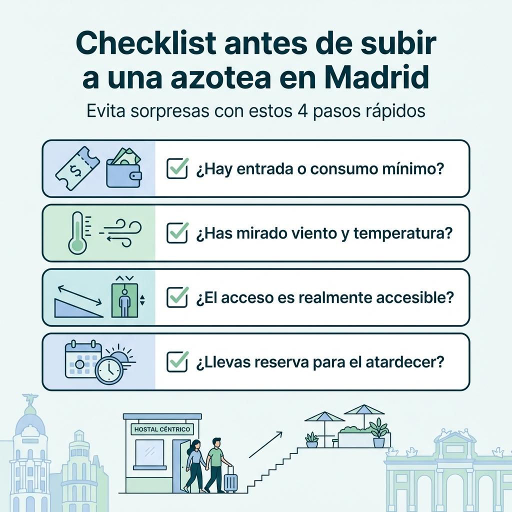 Diagrama checklist con cuatro pasos a revisar antes de subir a una azotea en Madrid.