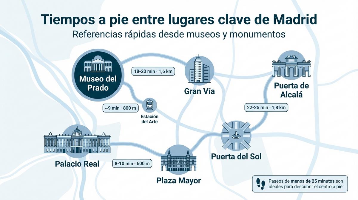 Diagrama con tiempos de caminata entre el Museo del Prado, Gran Vía, Retiro, Puerta del Sol, Palacio Real y Plaza Mayor