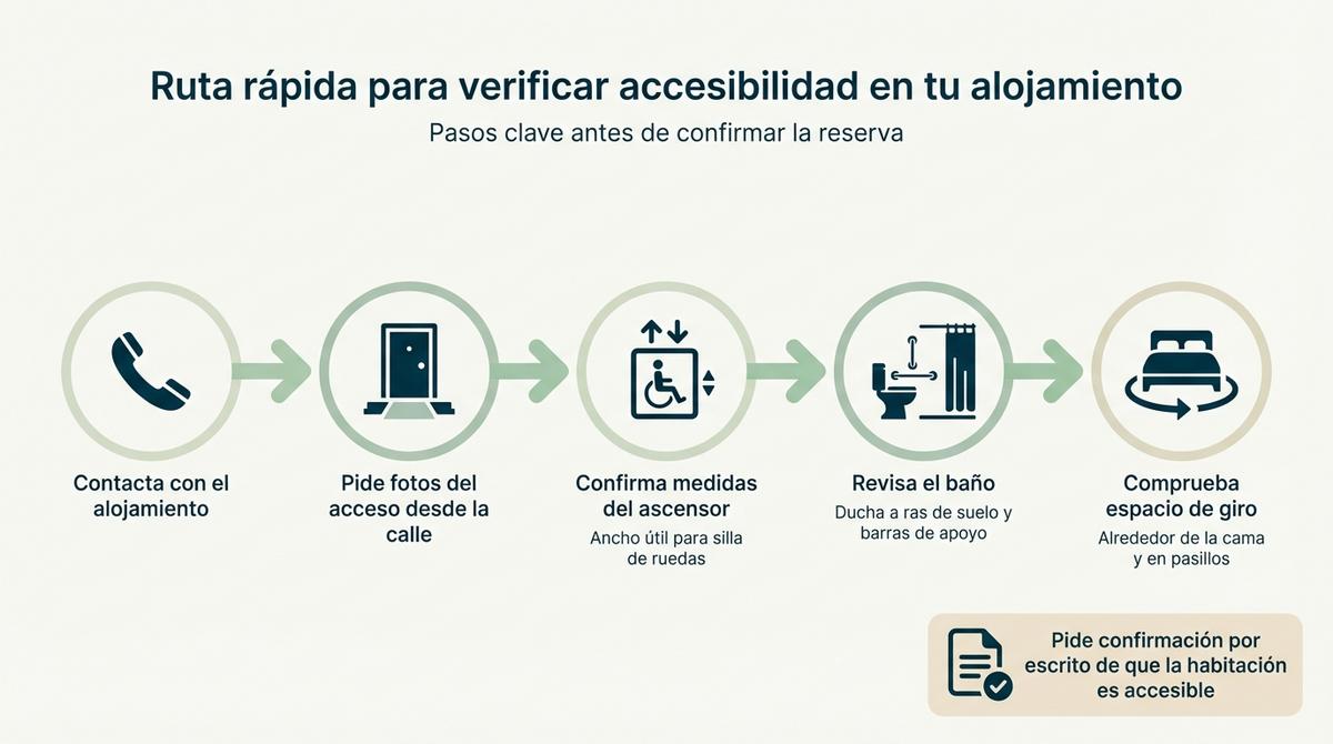 Diagrama de flujo con los pasos para verificar la accesibilidad de un alojamiento en el centro de Madrid antes de reservar.
