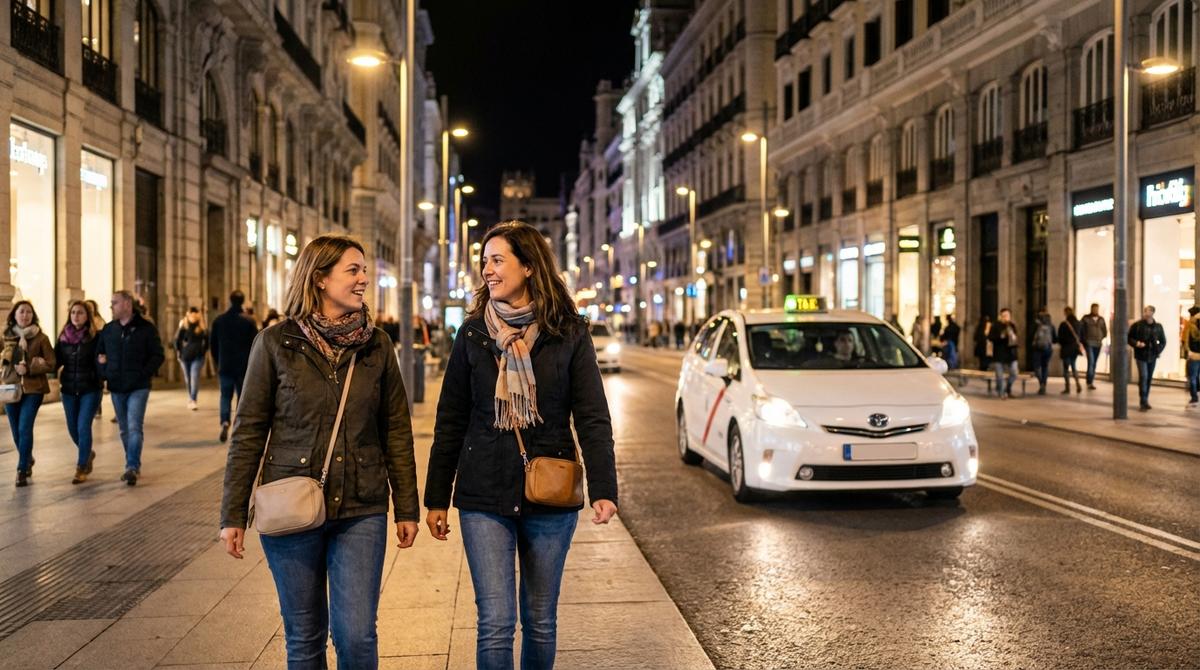 Dos viajeras caminando de noche por una calle iluminada del centro de Madrid con un taxi aproximándose al fondo