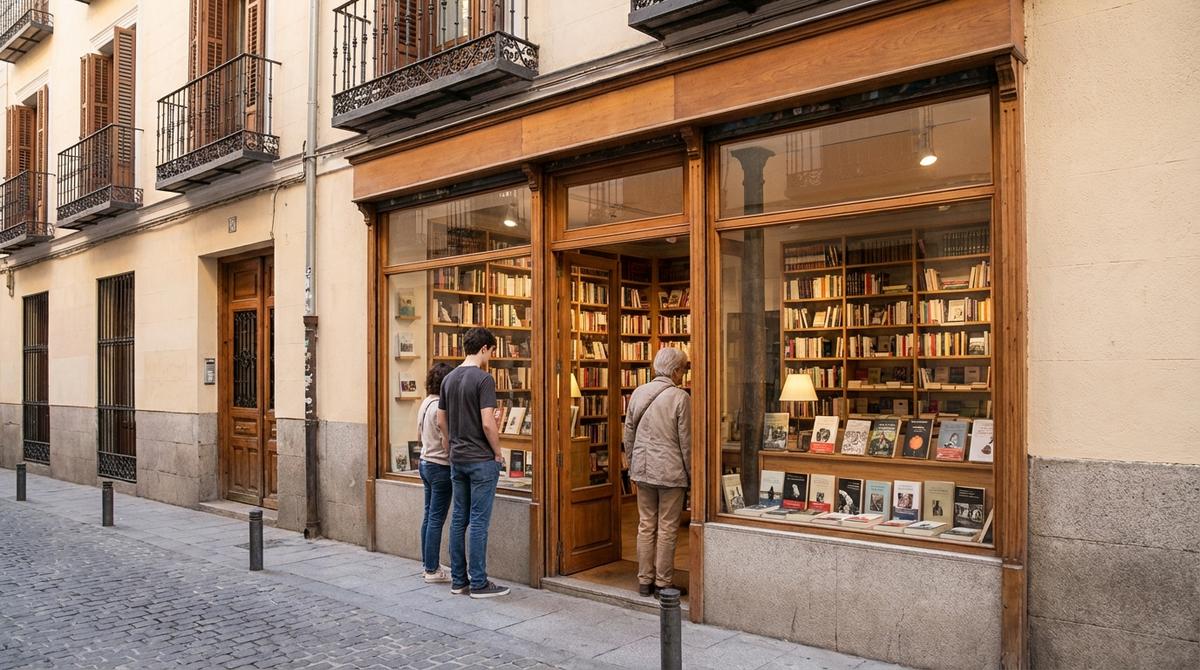 Fachada de una librería de autor en una calle peatonal del Barrio de las Letras en Madrid