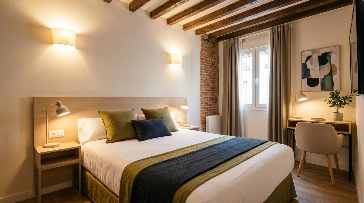 Habitación de hostal boutique en Madrid centro con cama doble, diseño cuidado y ambiente acogedor para escapada romántica.