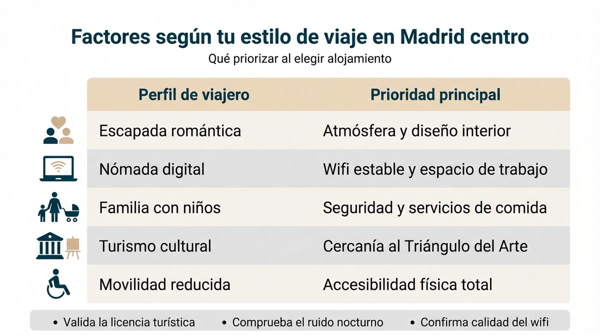 Infografía comparativa con perfiles de viajeros en Madrid centro y el factor principal que deben priorizar al elegir alojamiento.
