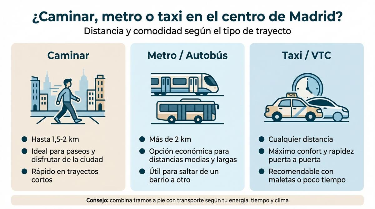 Infografía comparativa que muestra cuándo conviene caminar, usar metro o taxi en el centro de Madrid