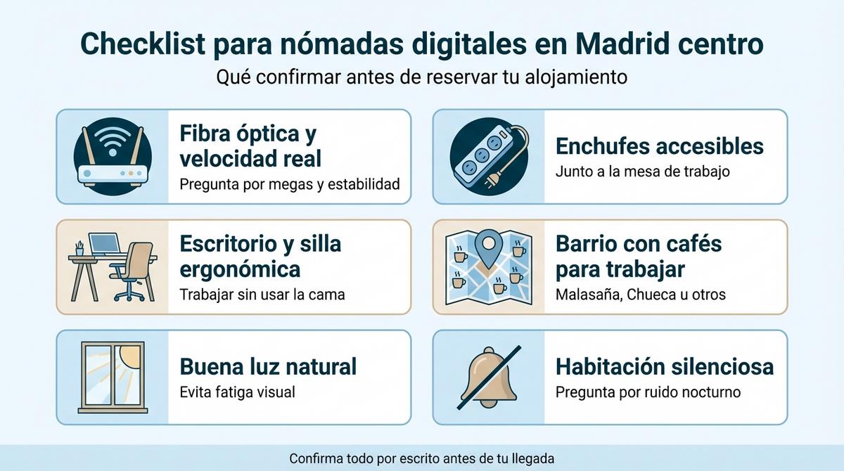 Infografía con checklist de requisitos para nómadas digitales que buscan alojamiento en Madrid centro, como wifi de fibra, escritorio y luz natural.