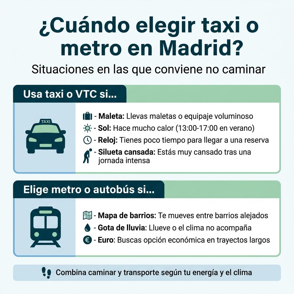 Infografía con recomendaciones para cuándo usar taxi, VTC, metro o autobús en Madrid en lugar de caminar