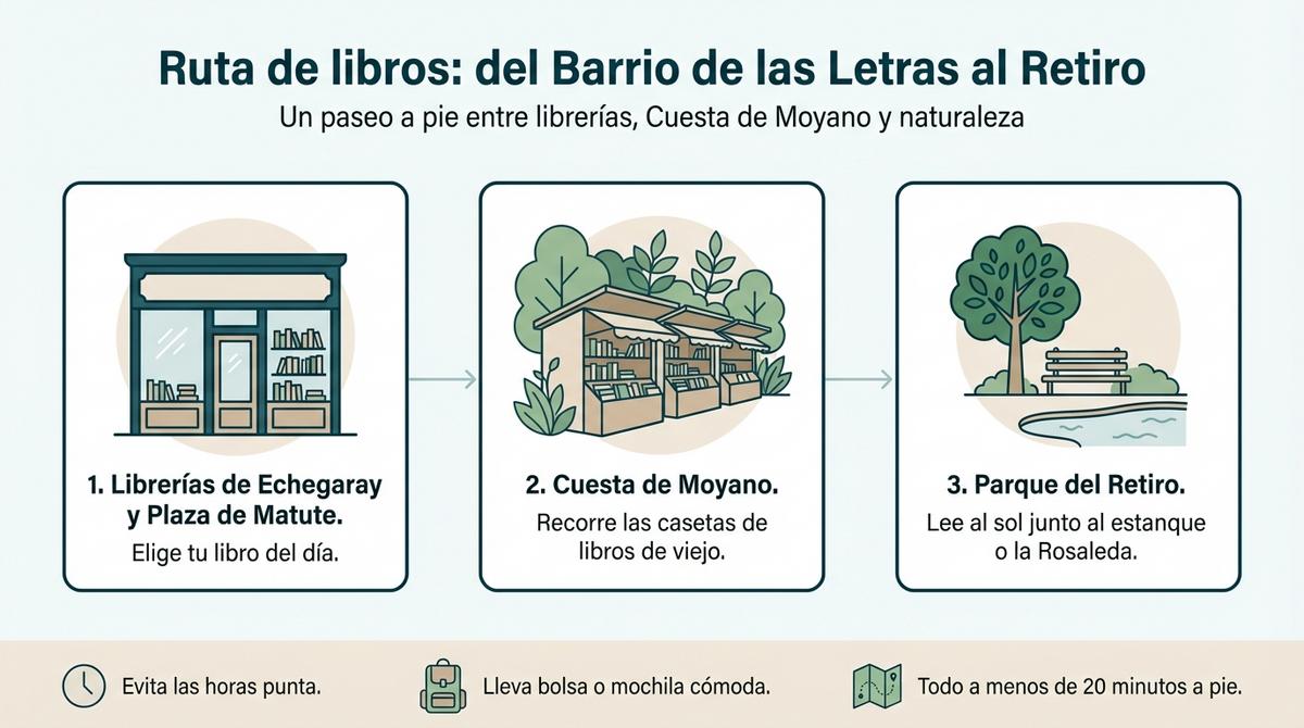 Infografía con una ruta a pie desde las librerías del Barrio de las Letras hasta la Cuesta de Moyano y el Parque del Retiro