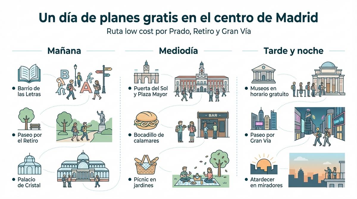 Infografía con una ruta de un día de planes gratis en el centro de Madrid organizada por franjas horarias.