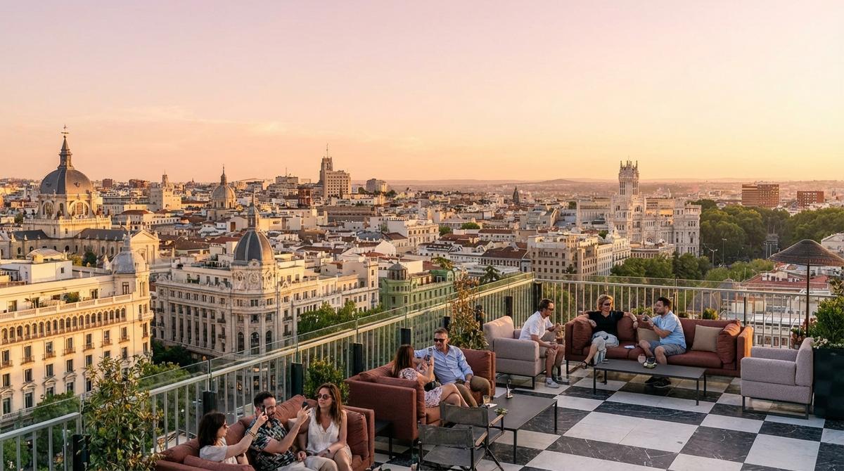 Terraza en azotea del centro de Madrid con mesas y vistas a los tejados al atardecer.
