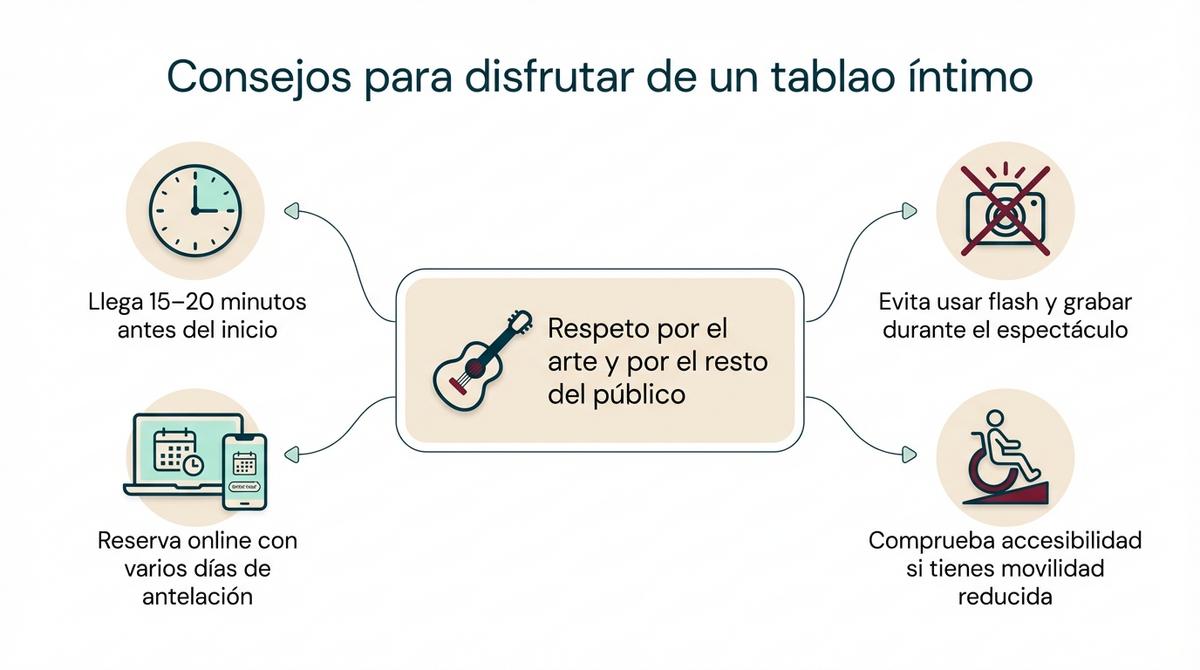 Diagrama con consejos básicos para asistir a un tablao flamenco íntimo en Madrid.