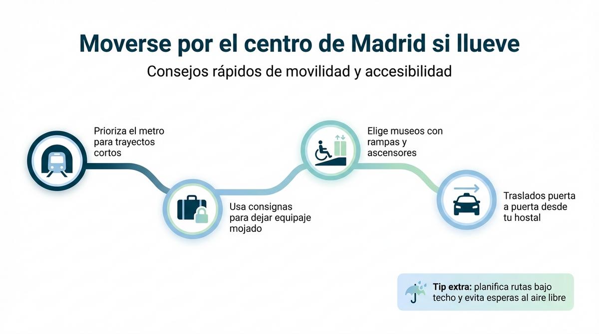 Diagrama con una ruta de consejos de movilidad y accesibilidad para moverse por el centro de Madrid en un día de lluvia