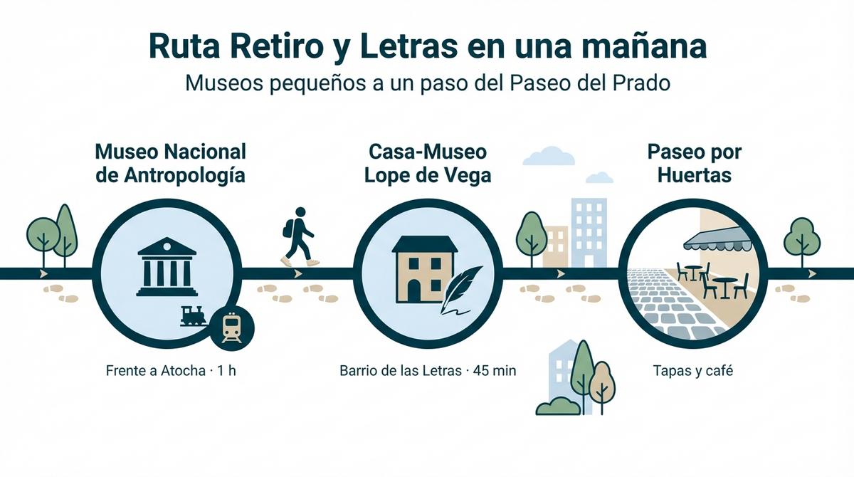Diagrama de ruta a pie que conecta el Museo Nacional de Antropología, la Casa-Museo Lope de Vega y un paseo por Huertas.