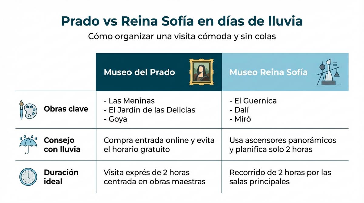 Infografía comparativa con información clave para visitar el Museo del Prado y el Reina Sofía en días lluviosos