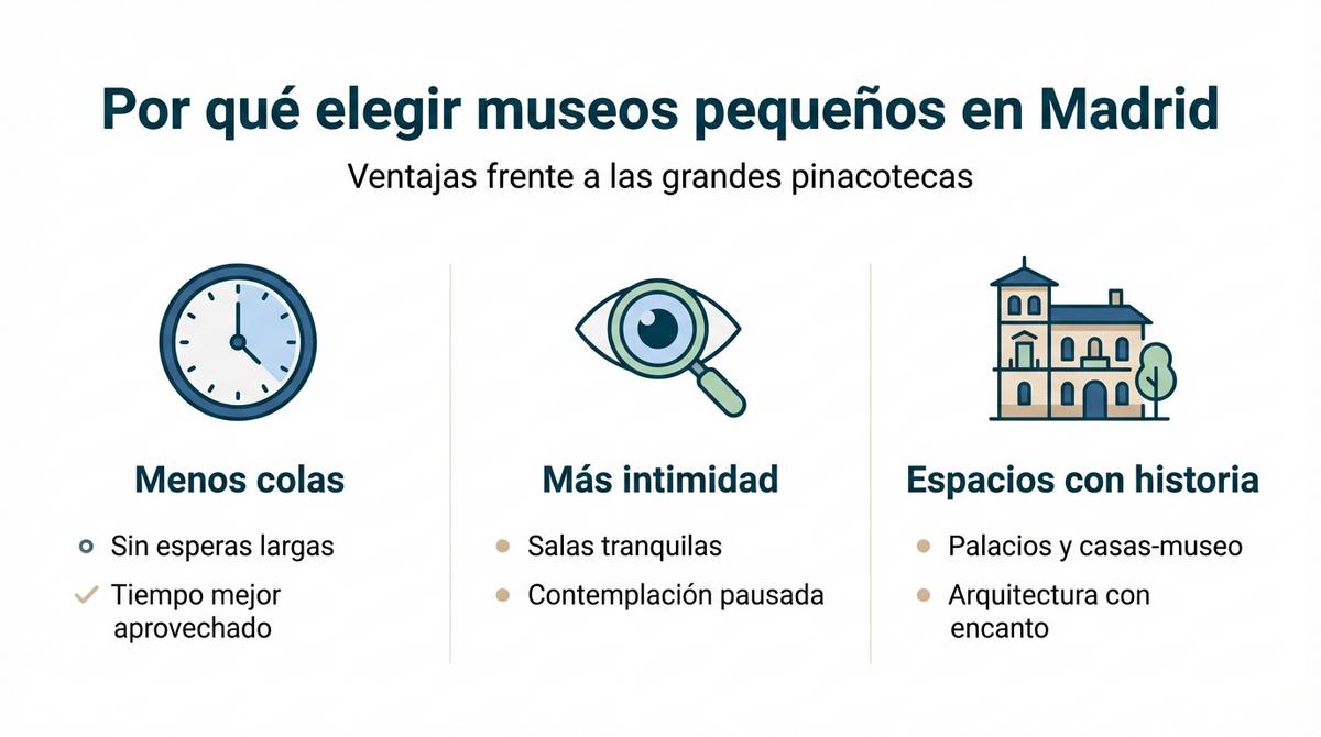 Infografía con tres columnas que resumen las principales ventajas de visitar museos pequeños en Madrid.