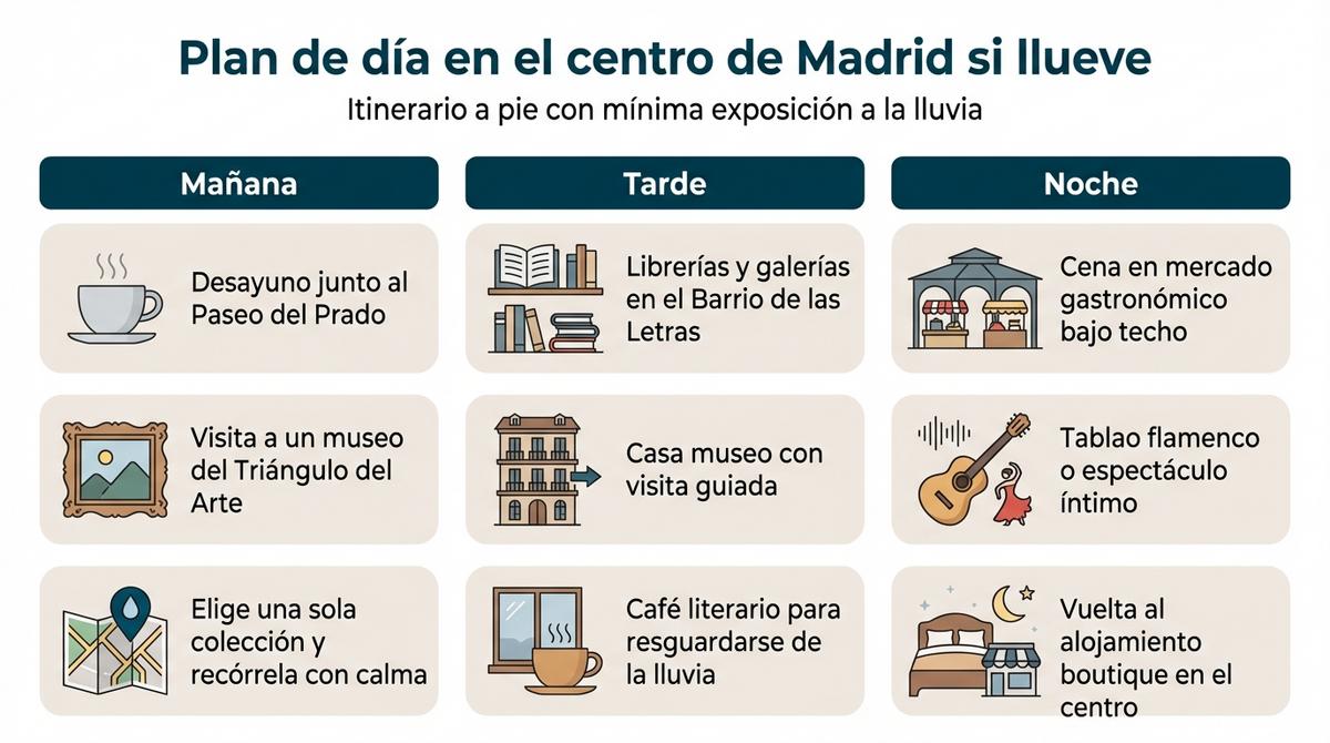 Infografía con un itinerario por la mañana, tarde y noche para disfrutar del centro de Madrid en un día de lluvia