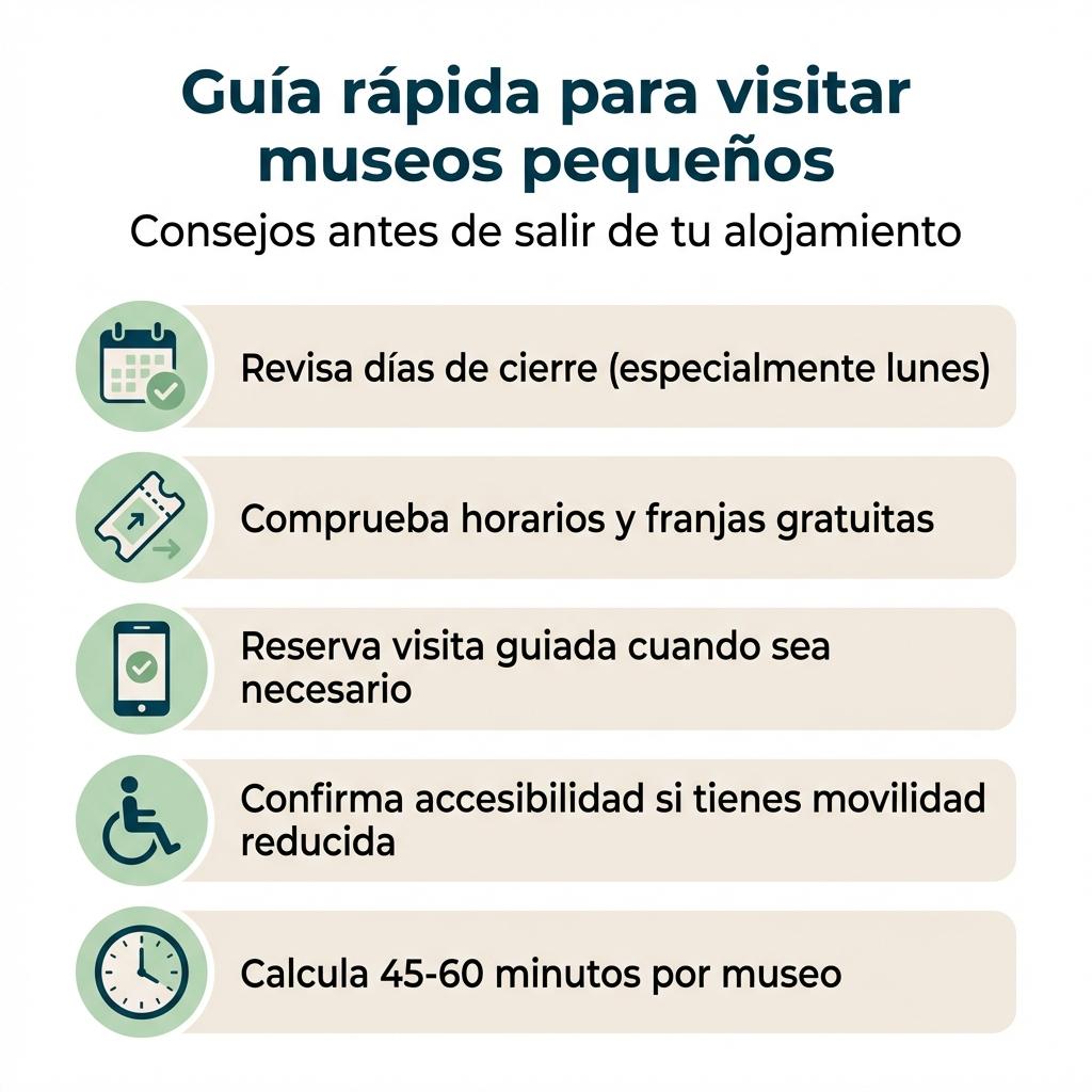 Infografía en formato checklist con cinco consejos prácticos para organizar la visita a museos pequeños en Madrid.