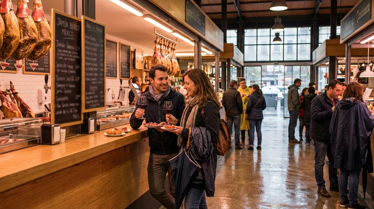 Interior de un mercado gastronómico cubierto en Madrid con personas disfrutando de tapas y vino