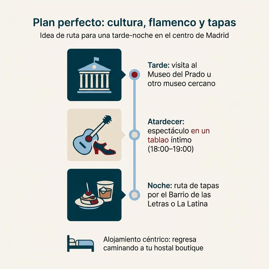 Interior de un tablao de flamenco íntimo con mesas cercanas a un pequeño escenario iluminado.