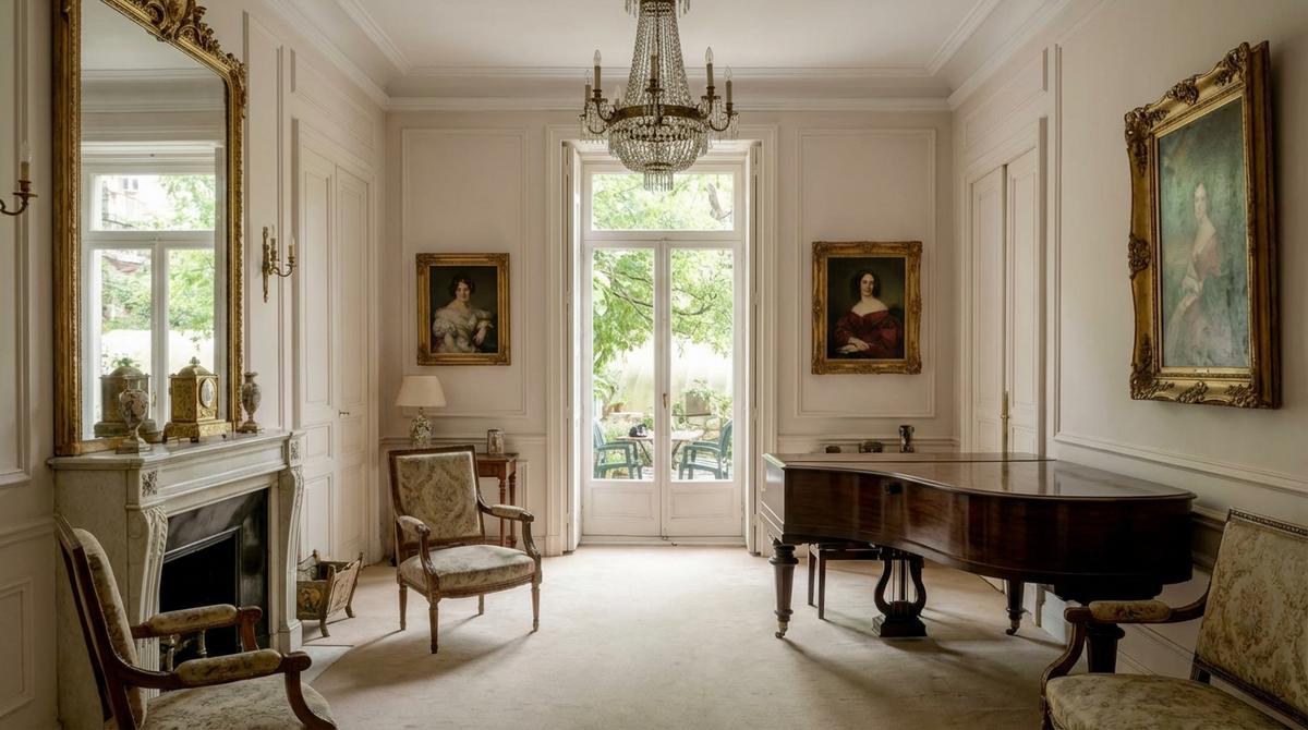 Salón histórico elegante con piano y decoración del siglo XIX que se abre a un pequeño jardín interior con mesas de café.