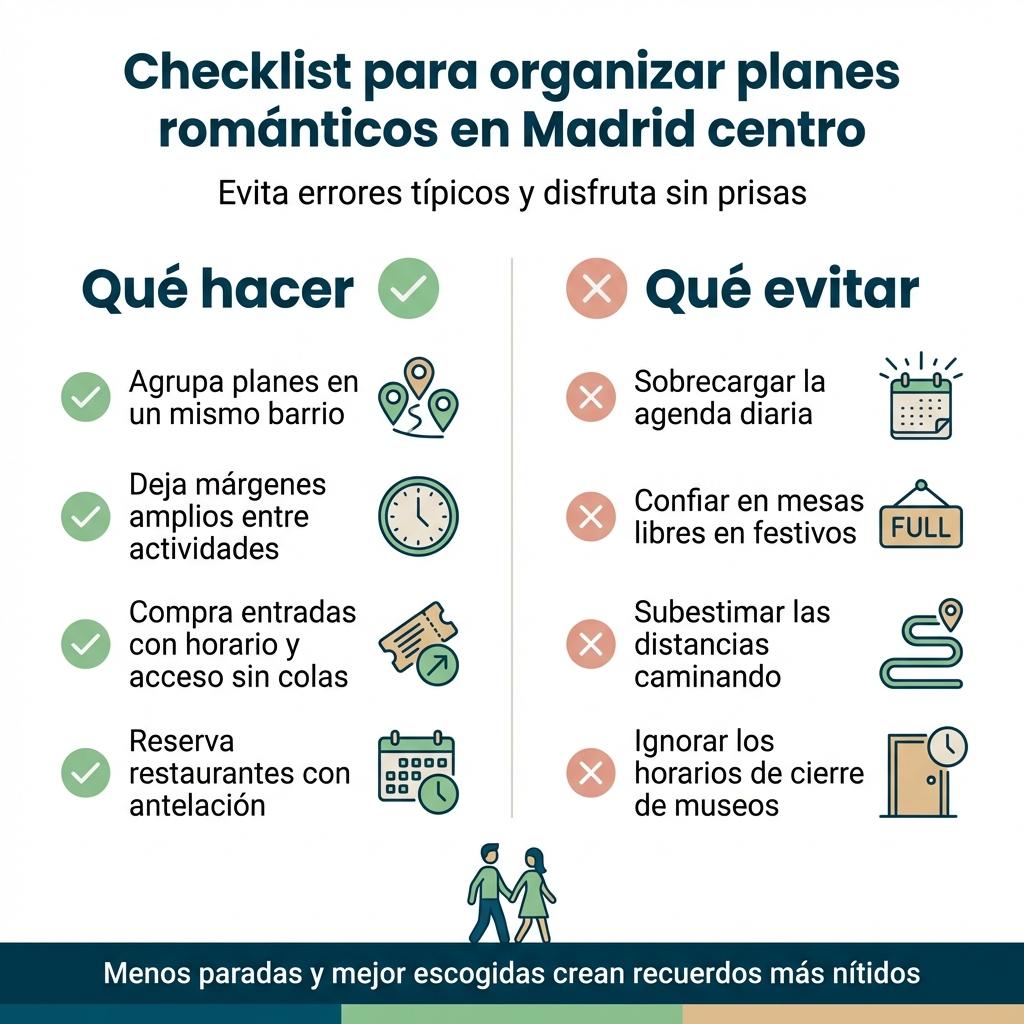Checklist visual con acciones y errores a evitar al planificar planes románticos en el centro de Madrid.