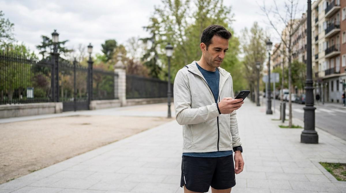 Corredor urbano consultando el parte meteorológico en su móvil antes de correr cerca del parque del Retiro en Madrid.