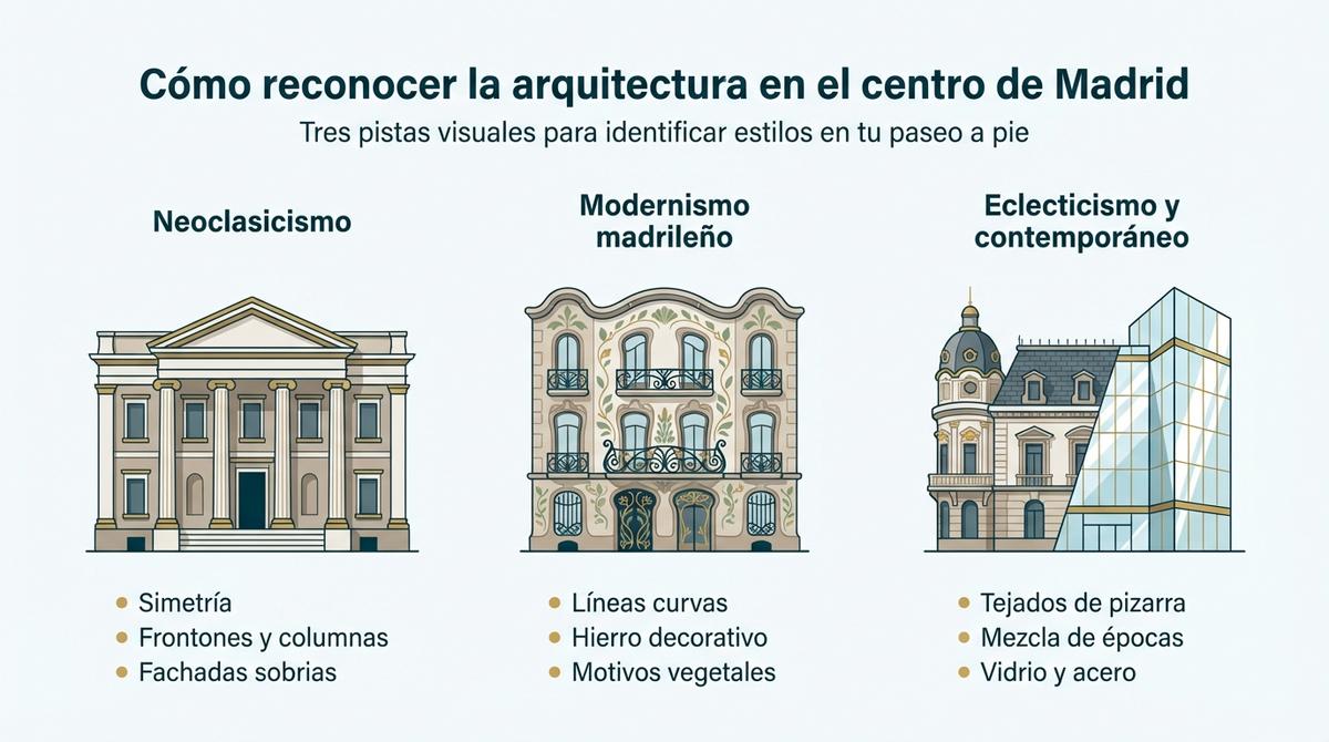 Diagrama con tres columnas que resumen cómo reconocer neoclasicismo, modernismo y arquitectura contemporánea en Madrid.