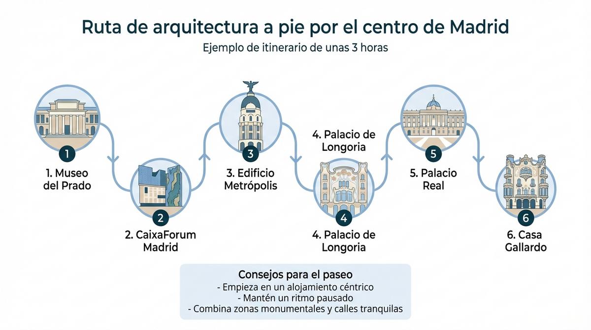 Diagrama de una ruta de arquitectura a pie por el centro de Madrid con seis paradas principales señaladas.