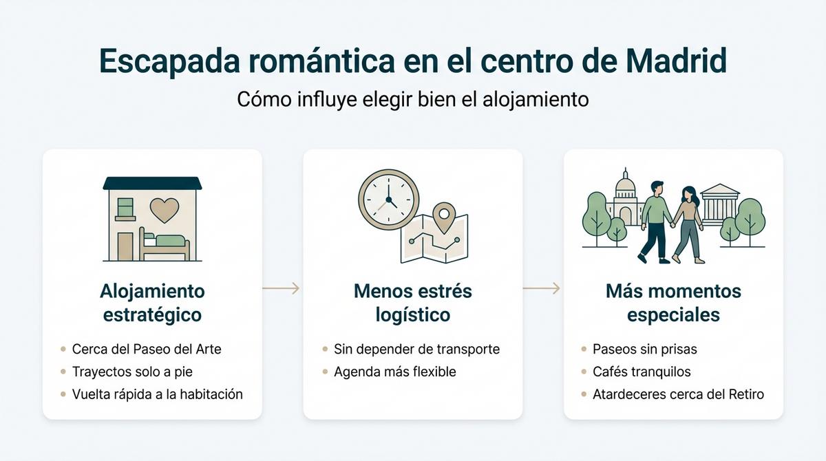 Diagrama que muestra cómo un alojamiento céntrico facilita una escapada romántica en Madrid.